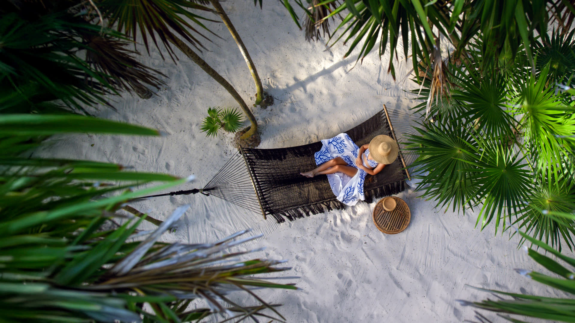 A top-down aerial view of a traveler resting in a hammock on a tropical beach, framed by palm fronds.